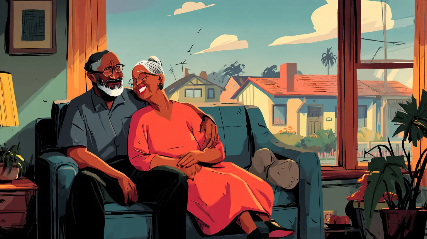 Happy retired couple sitting on their sofa, showcasing the retirement financial stability gained by using Sell2Rent's sale-leaseback program to access home equity.