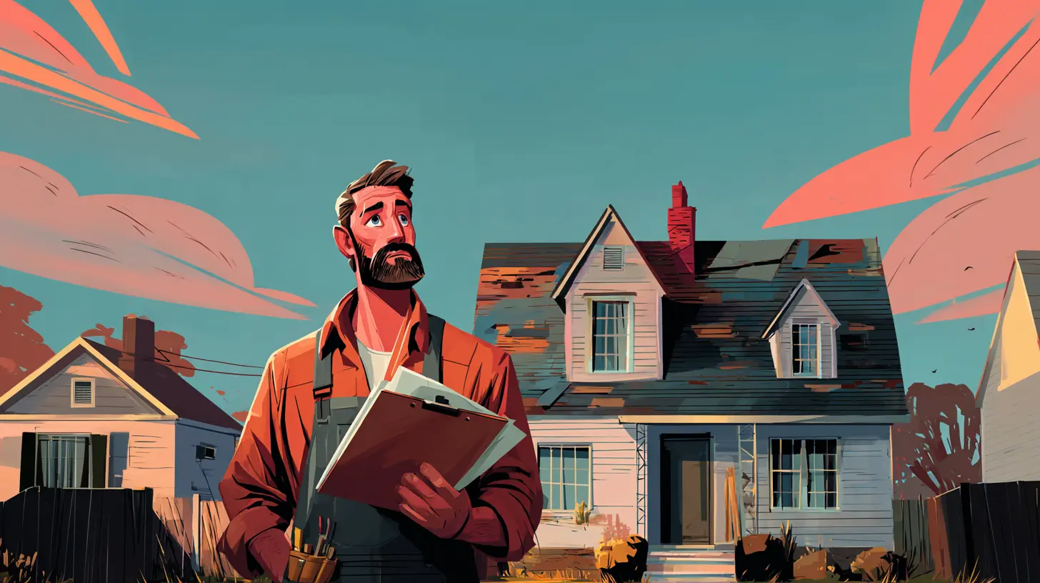 homeowner holding a clipboard in front of a house needing repairs, illustrating how a sell-leaseback with Sell2Rent provides cash for costly home maintenance