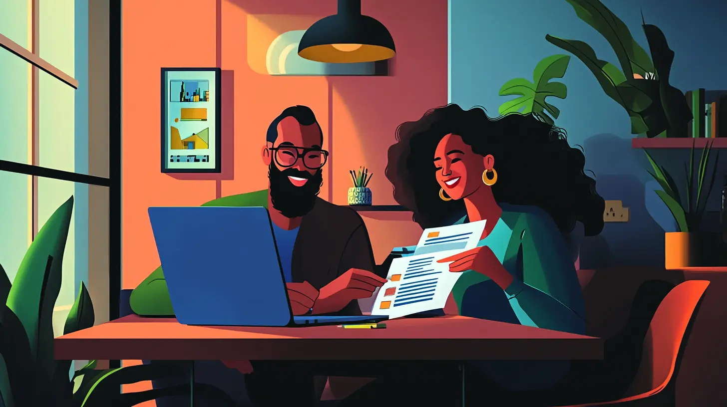 A happy couple at their kitchen table reviewing documents on a laptop, illustrating how a residential sale-leaseback with Sell2Rent provides financial peace of mind.