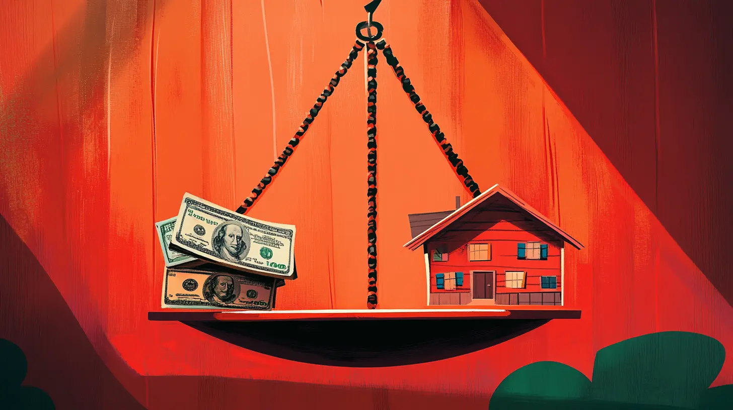 A scale balancing a home and cash, representing the choice between a home equity loan and a Sell2Rent leaseback agreement to gain liquidity.