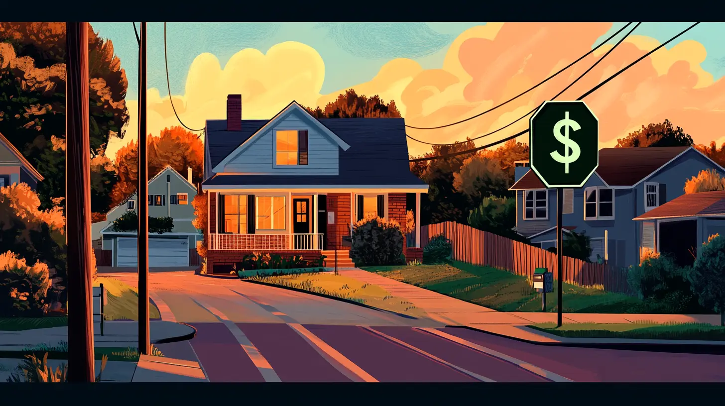 suburban street featuring a house and a currency symbol, illustrating the process of getting cash for home equity while staying in place with Sell2Ren