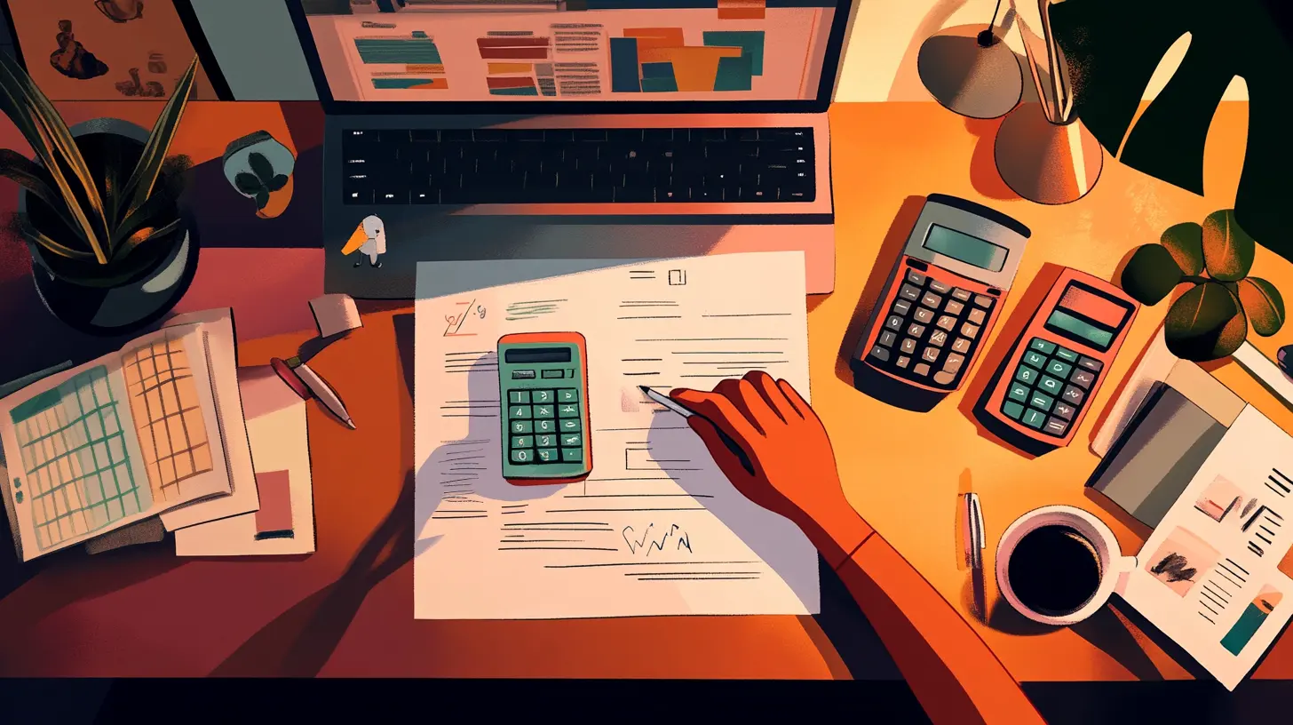 Overhead view of a person using a calculator and laptop to organize financial documents, illustrating how a Sell2Rent sale-leaseback can provide property tax relief.