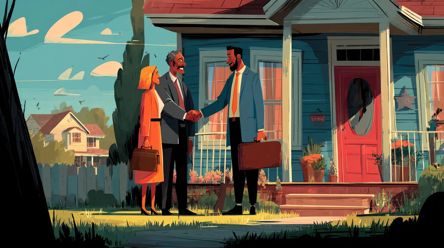 Investors and a homeowner closing a deal on a sunny day, illustrating the trust and transparency of the sell and lease back process for residential properties.