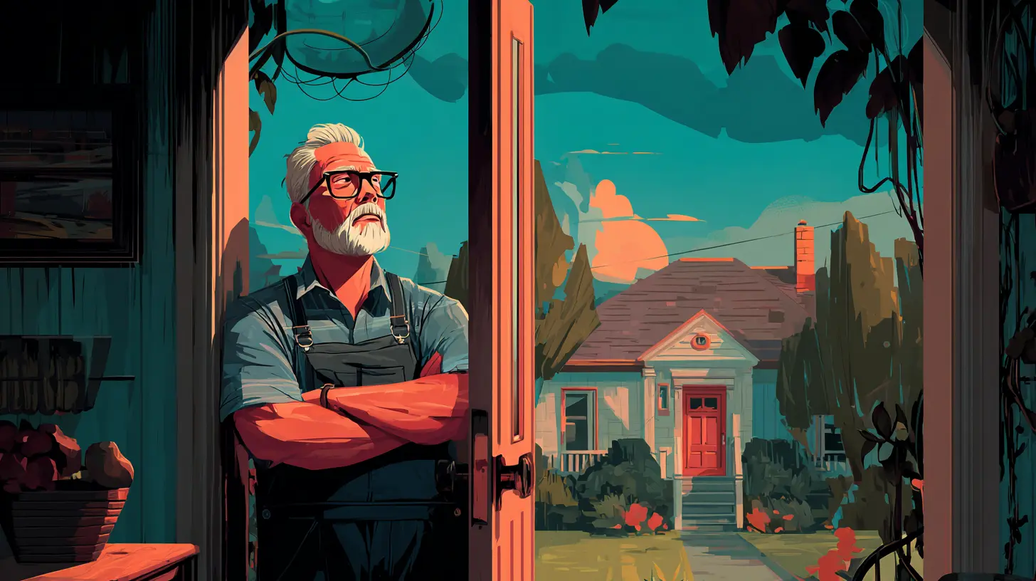 A hopeful senior homeowner looking out his door toward his house, symbolizing the financial freedom achieved through a Sell2Rent sale-leaseback.