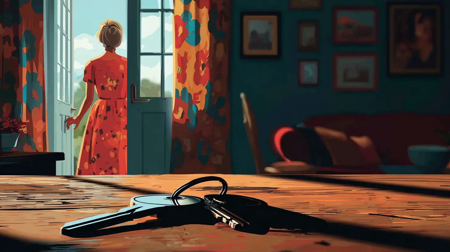 Close-up of house keys on a wooden table with a woman looking out her door, illustrating the ease of a sell and rent back agreement with Sell2Rent.