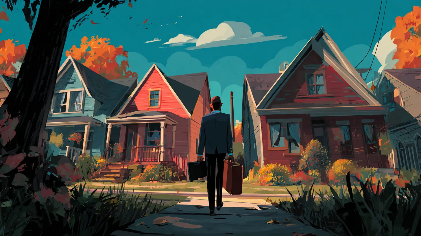 An investor holding briefcases walks down a suburban street surveying houses, illustrating a proactive real estate deal sourcing strategy for independent buyers.