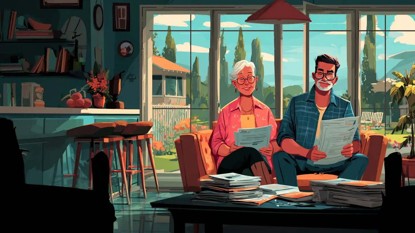 A smiling senior couple reviewing documents in their sunny living room, illustrating how a retirement sale-leaseback can unlock home equity for a stable future.