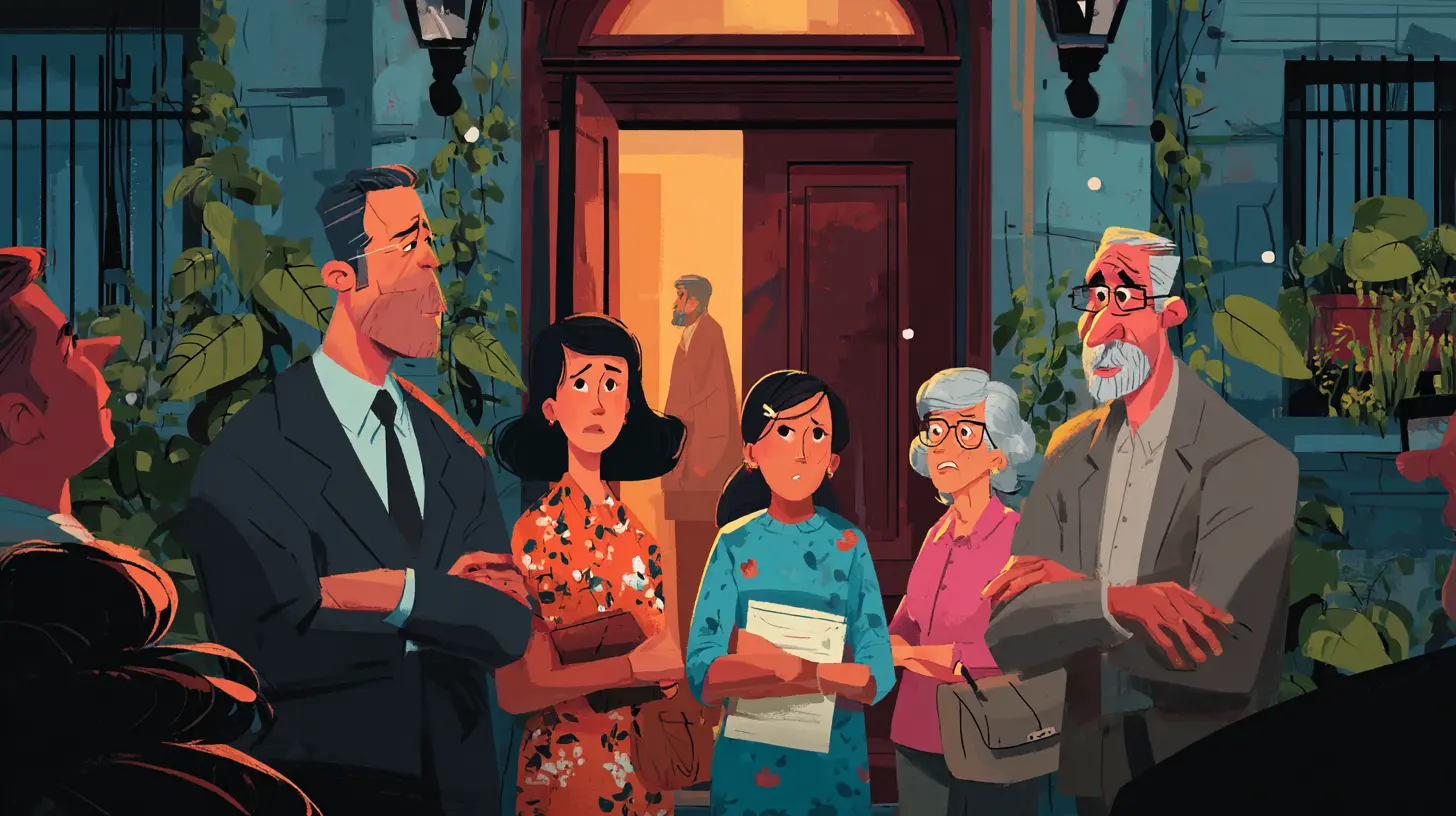 Concerned neighbors gathering outside a residential building holding documents, illustrating an educational guide on what is an HOA and how neighborhoods are managed.