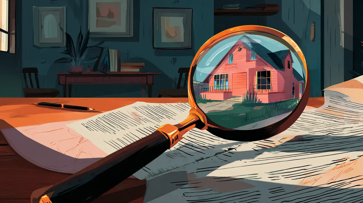 A magnifying glass focusing on a residential home illustration over legal documents, representing a guide on the top questions to ask when vetting a sale-leaseback home equity program.