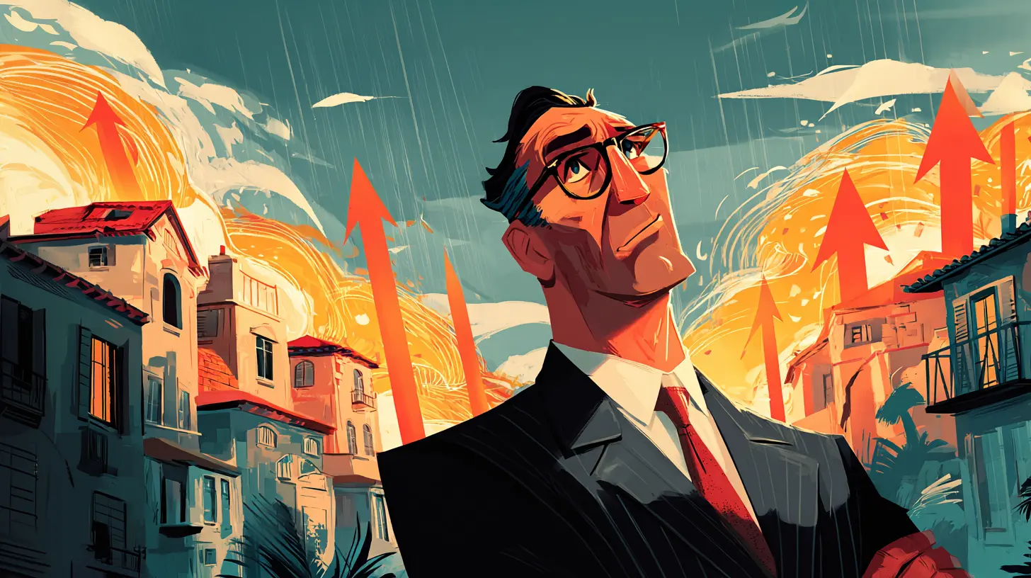An illustration of a real estate investor in a suit looking up at rising red arrows over a residential neighborhood, highlighting how property buyers navigate rising interest rates and changing market conditions.