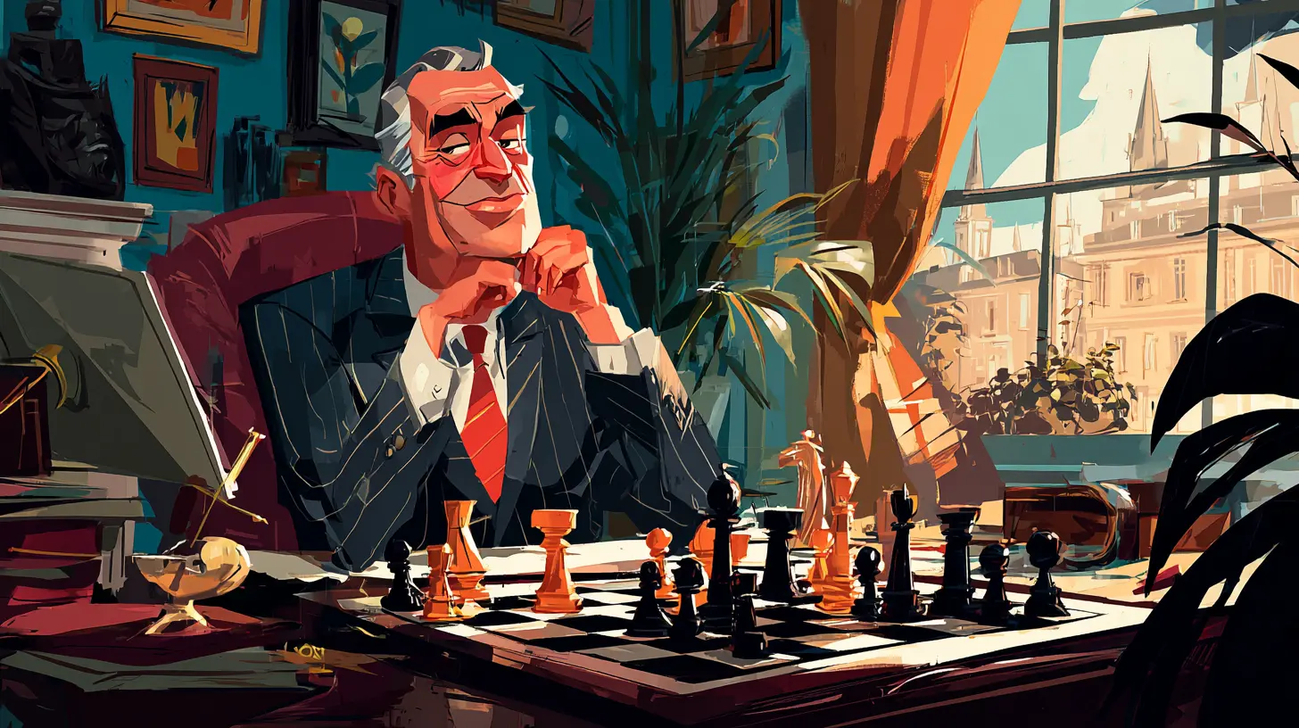 An illustration of a real estate investor in a pinstripe suit playing chess at his desk, highlighting smart single-family rental (SFR) tactics during high interest rate periods in 2026.
