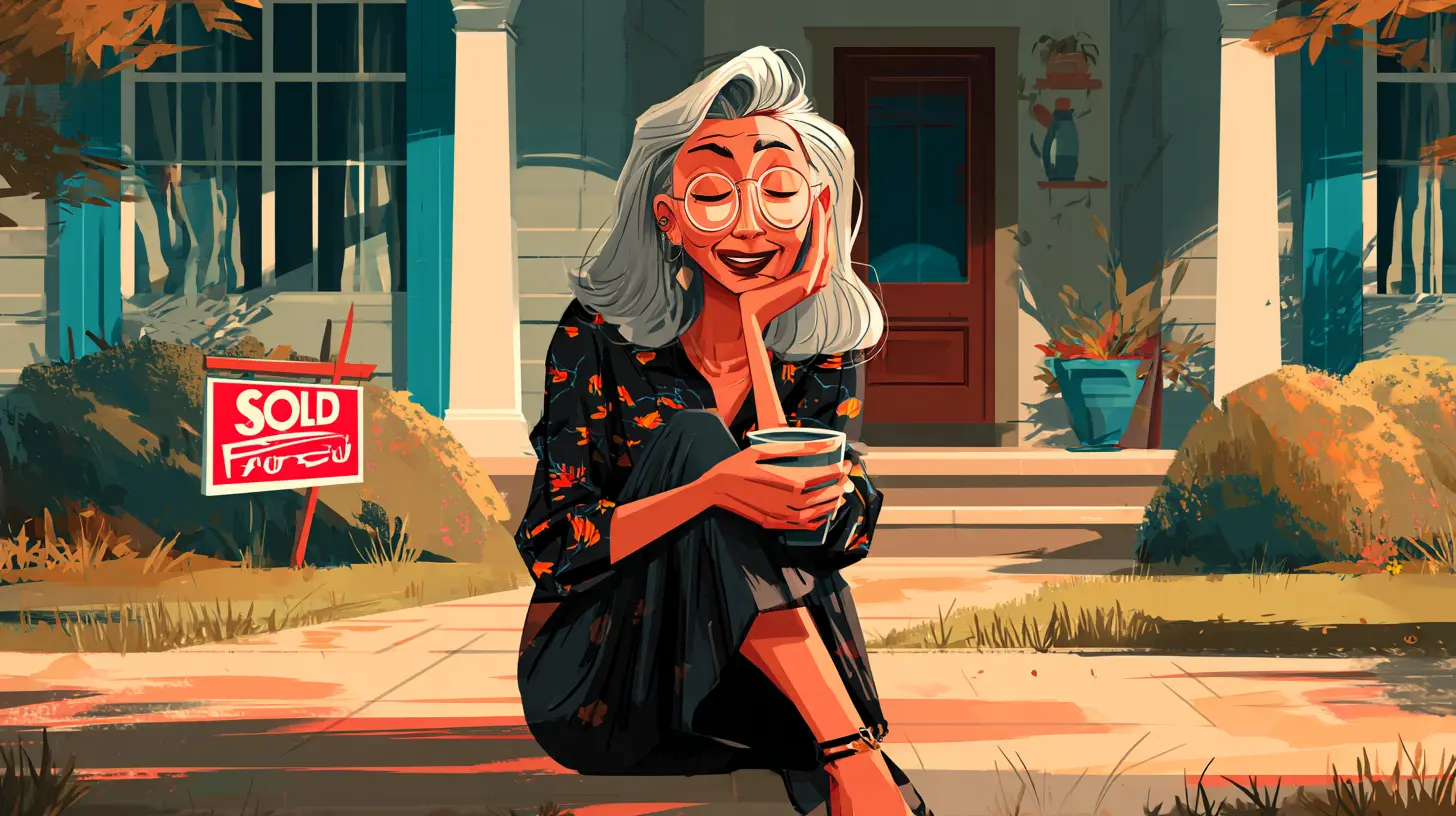 A smiling woman sitting on her front steps holding a coffee mug next to a sold sign, explaining the definition of a residential sale-leaseback agreement for property owners.