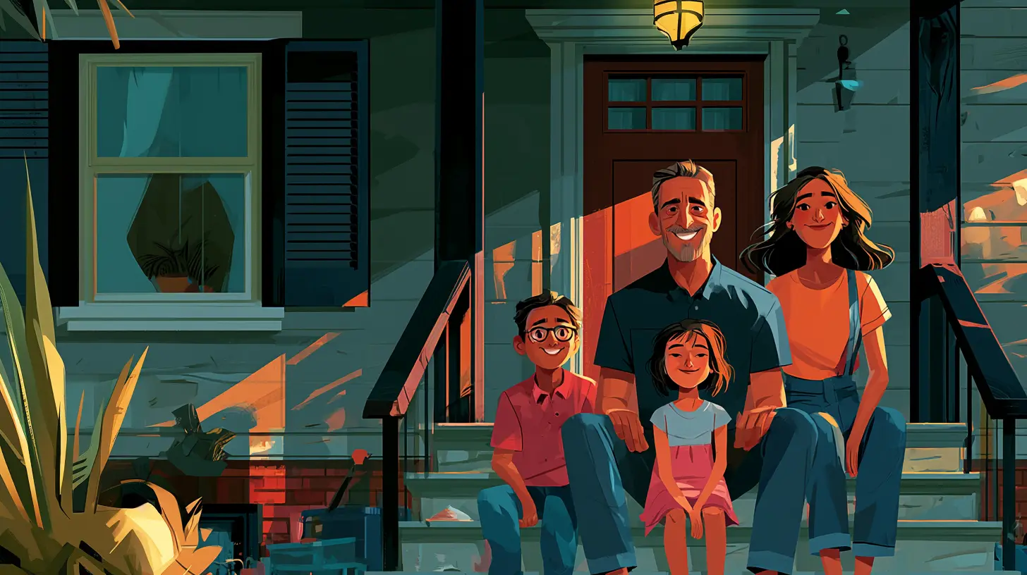An illustration of a happy family sitting on their front porch steps at sunset, answering the question of how homeowners can sell their house and still live in it.