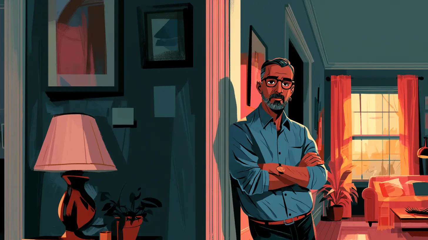 An illustration of a concerned man standing with arms crossed in his home's doorway, demonstrating how a residential sale-leaseback program can be used to stop foreclosure.