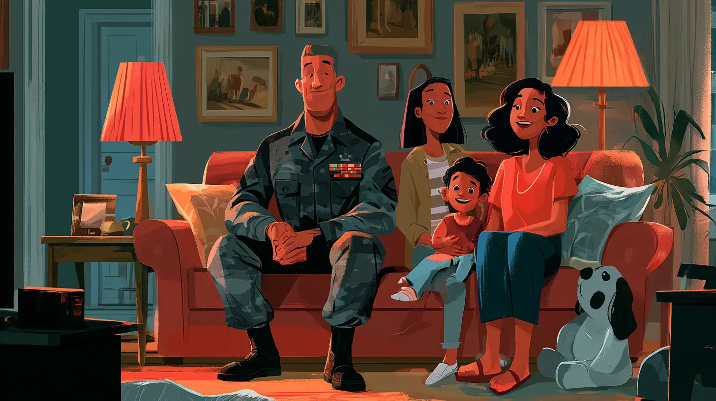 An illustration of a military veteran in uniform sitting on a couch with his happy family, showing how sale-leaseback programs help veterans manage rising homeownership costs without moving.