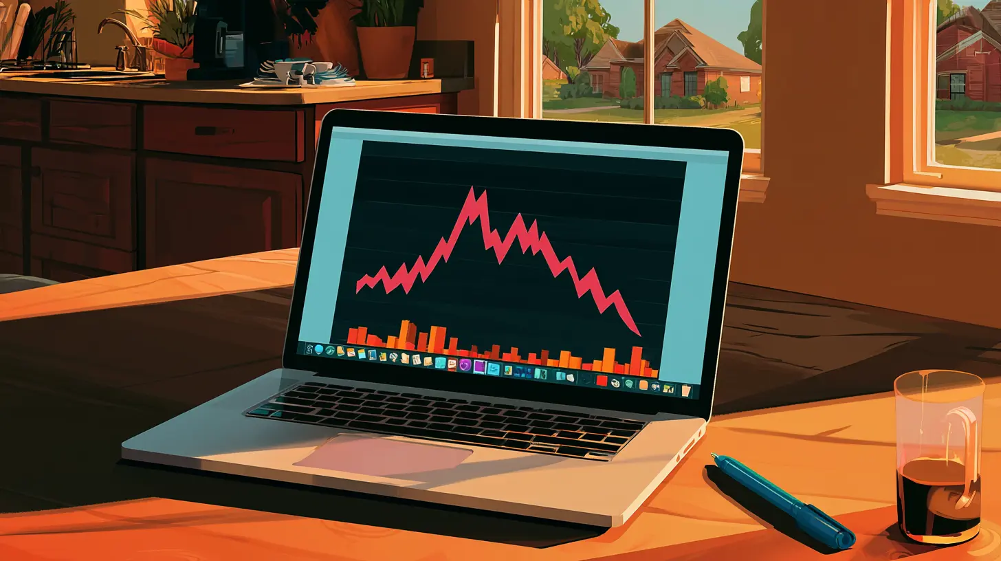 An illustration of a laptop on a kitchen counter displaying a downward-trending line graph, showing what falling 2026 Sun Belt home prices mean for property equity.