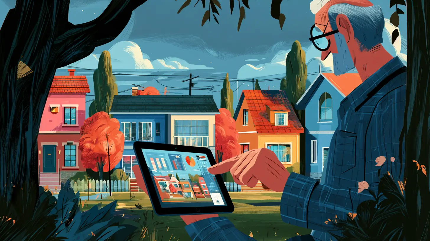 An illustration of a real estate investor analyzing neighborhood data on a digital tablet, showing how to locate motivated seller supply amid $17.1 trillion in trapped home equity