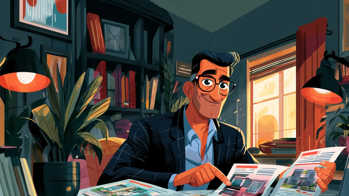 An illustration of a smiling real estate investor reviewing property brochures at his desk, analyzing whether wholesale, foreclosure auctions, or sale-leasebacks yield the best SFR deal flow in 2026.