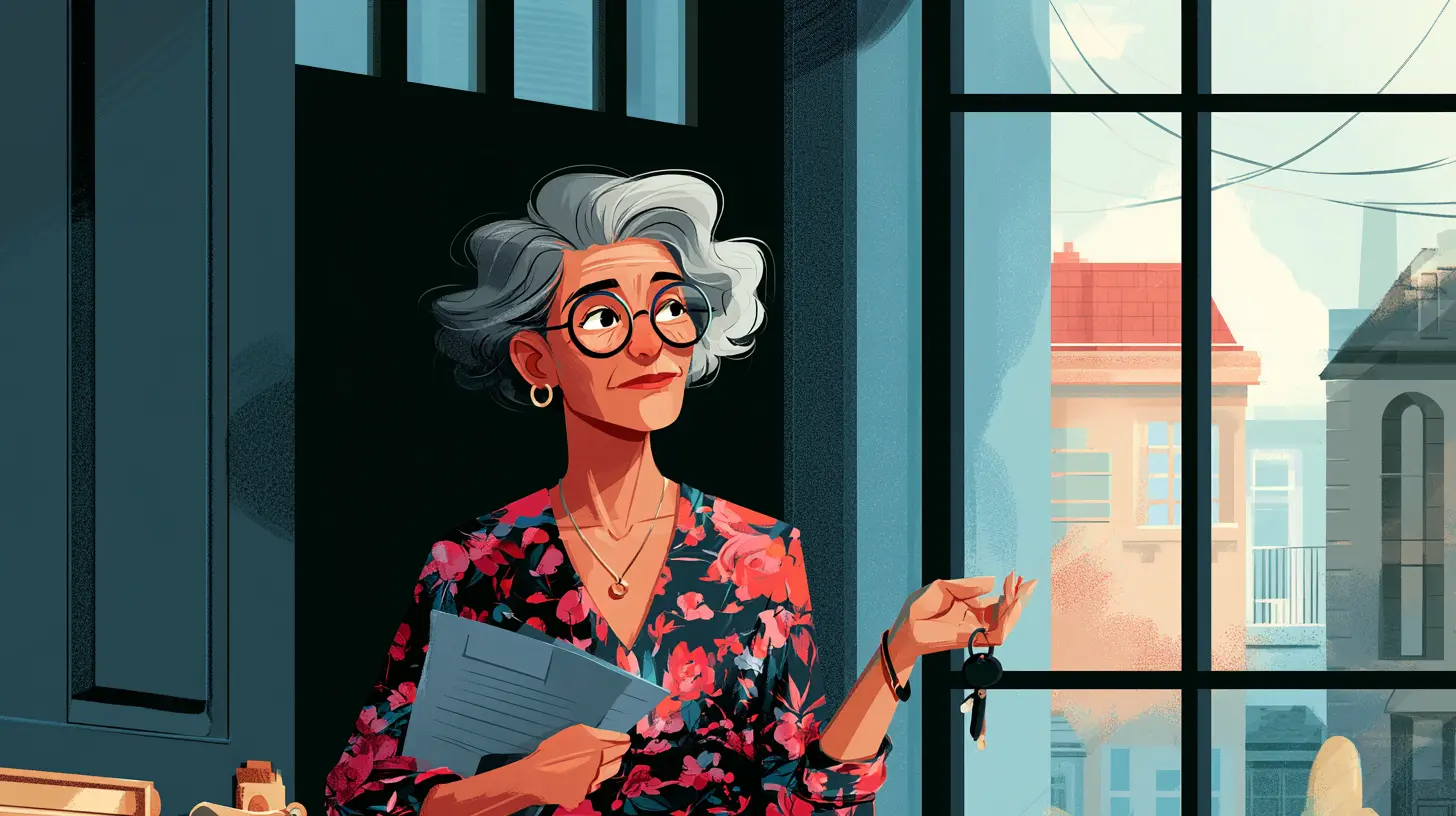 An illustration of a mature woman holding house keys and lease documents in her foyer, demonstrating how a residential sale-leaseback protects long-term housing stability.