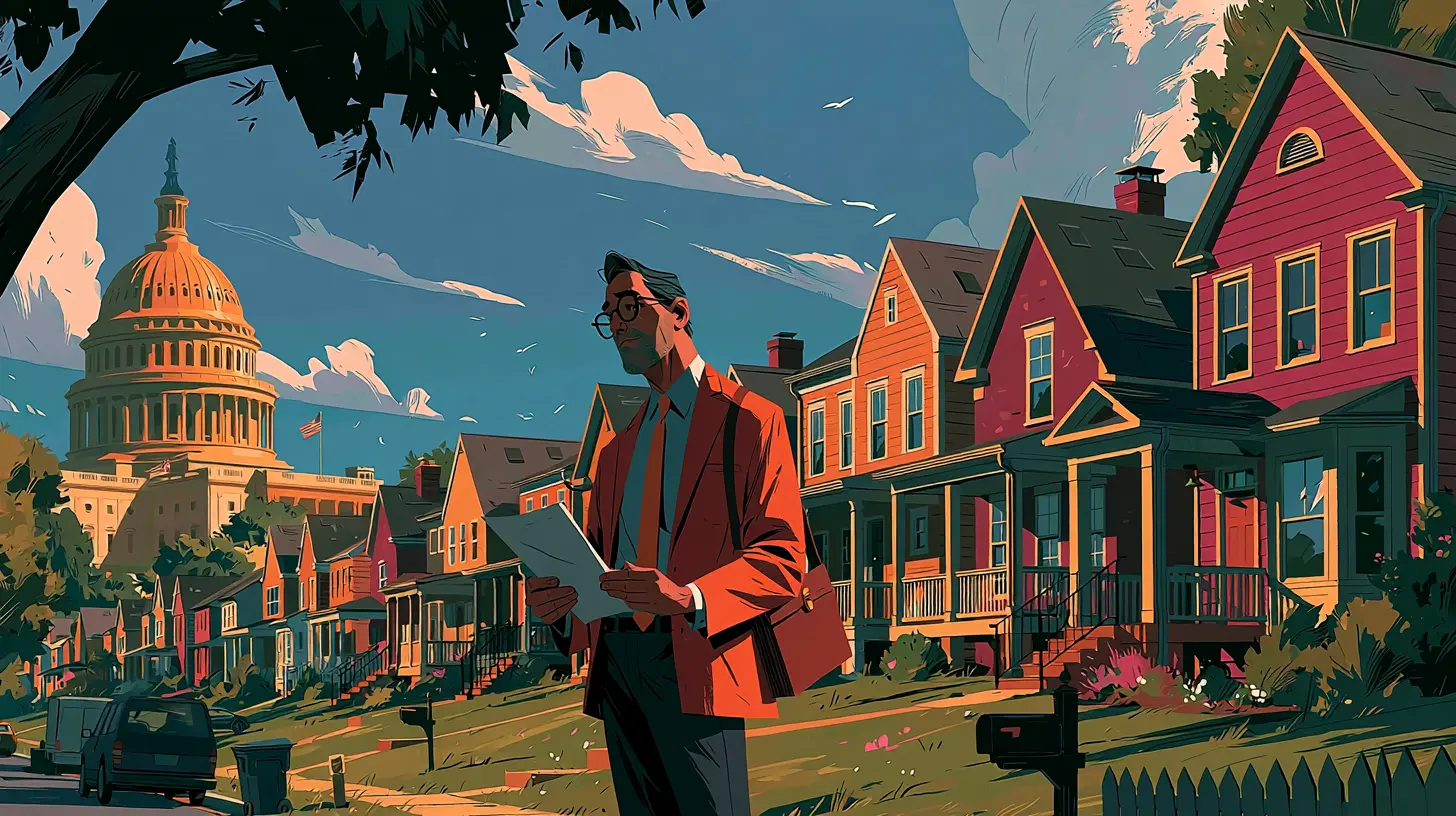 Real estate investment manager assessing compliance paperwork near a row of single-family homes, representing the 21st Century ROAD to Housing Act policy shifts, institutional investor limits, and build-to-rent exceptions.
