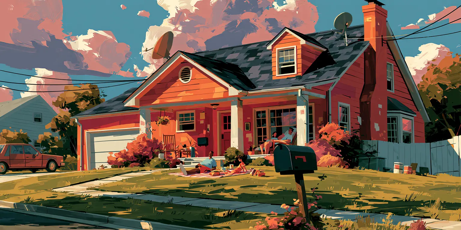 family enjoying a sunny afternoon on the front lawn of a suburban house, demonstrating how a sale-leaseback agreement supports long-term housing stability.