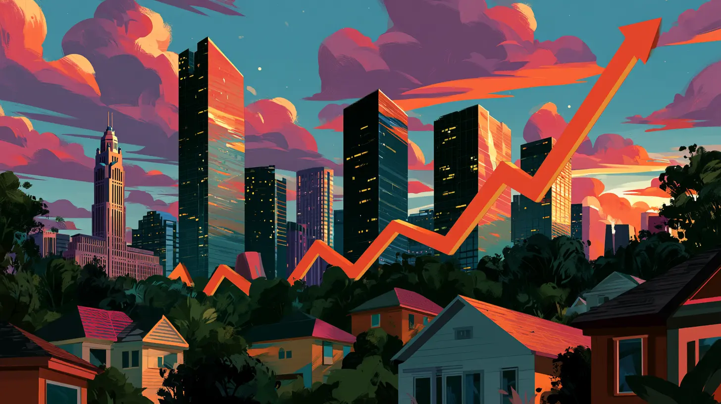 A stylized visual showing upward appreciation of Ohio residential real estate, including metro city skylines, highlighting opportunities for new rental investors in top Ohio housing markets.