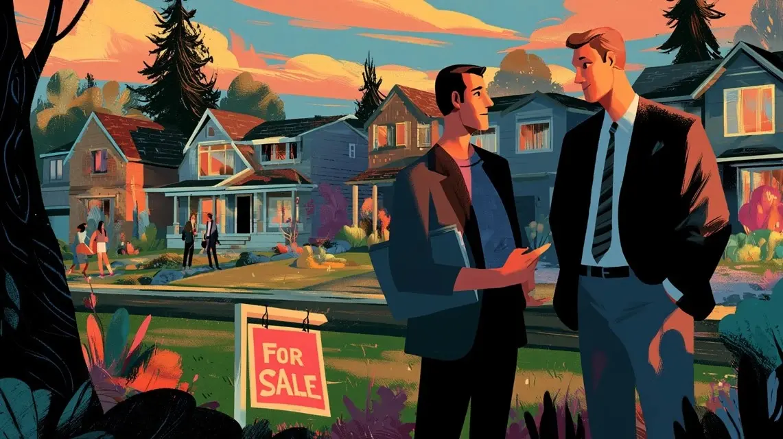An illustration of two real estate investors discussing property acquisition strategies on a sidewalk in front of suburban houses with a "For Sale" sign, providing market insights on the best investor-friendly states in 2026.
