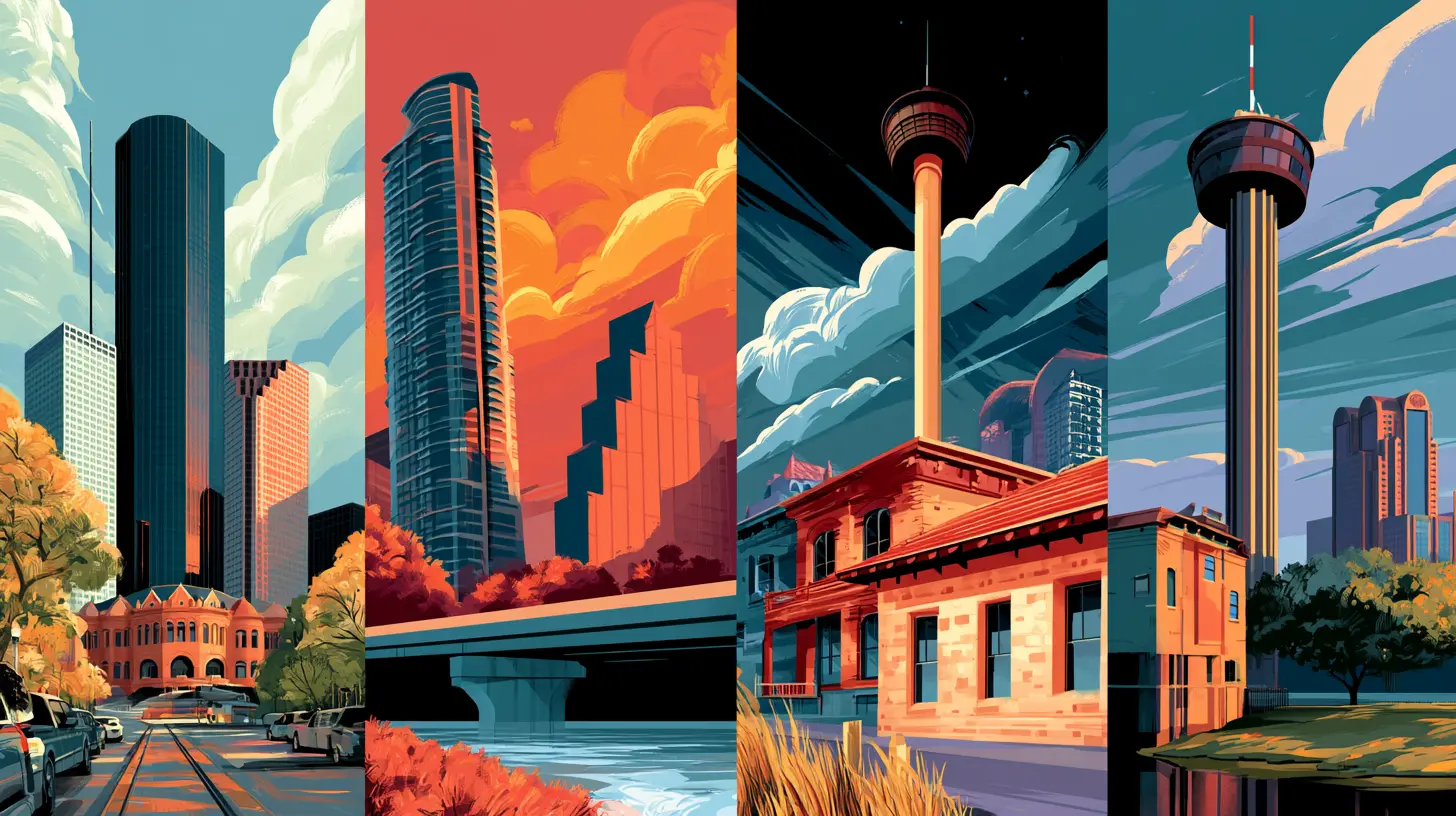 A four-panel illustration showcasing stylized skylines and landmarks representing the top Texas cities for small rental investors: Houston, Austin, Dallas-Fort Worth (DFW), and San Antonio.