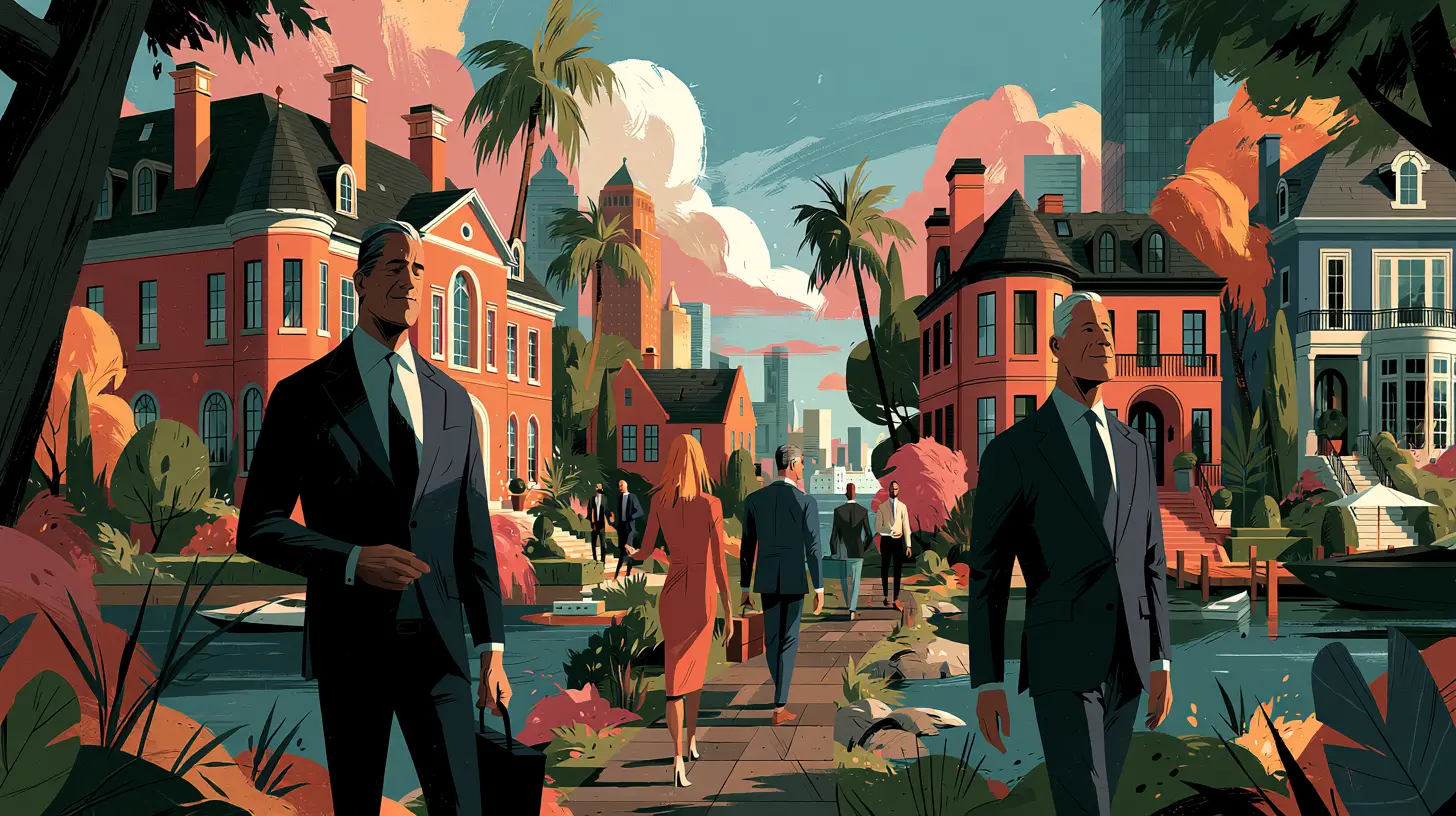 Corporate real estate investors walking past luxury single-family homes, representing institutional capital moving into high-end rental property portfolios, build-to-rent developments, and premium asset classes.