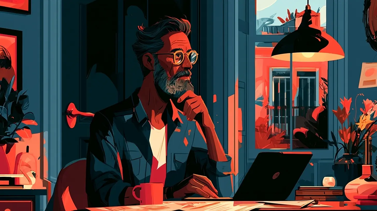 An illustration of an investor with glasses and a beard sitting at a dark desk with a laptop, analyzing how to capture real estate investment opportunities from $17.1 trillion in homeowner equity.