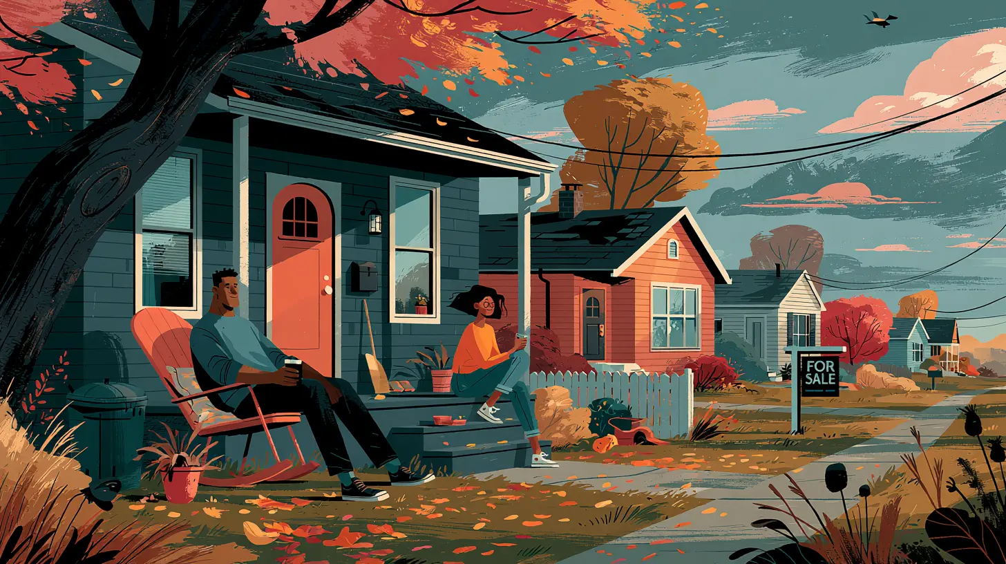 An illustration of a relaxed couple enjoying coffee on their front porch in an autumn neighborhood, showing how to cash out home equity in a buyer's market without moving.