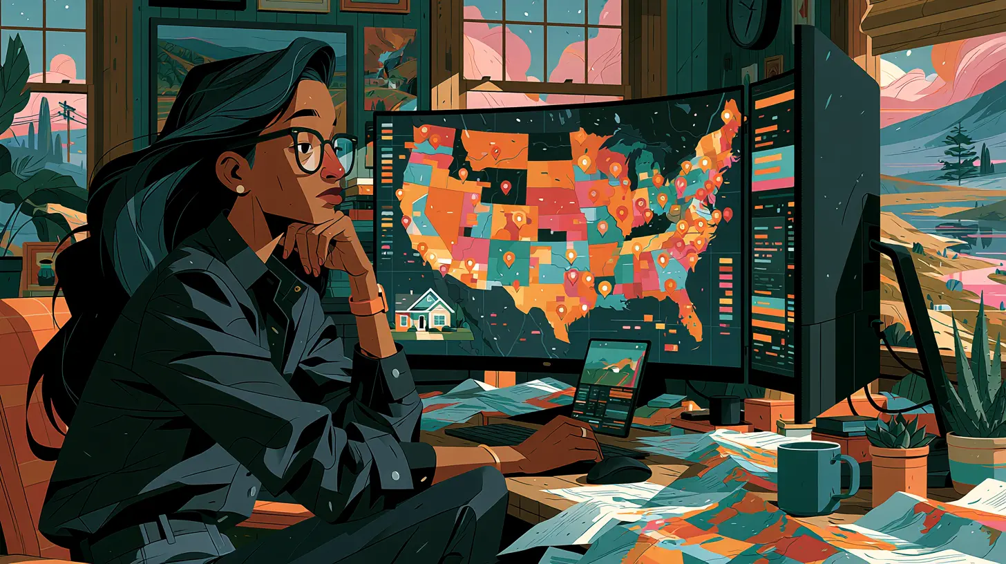 A woman real estate analyst studying distressed property metrics on a digital map, representing single-family rental (SFR) inventory sourcing, pre-foreclosure listings, and non-performing note investments.