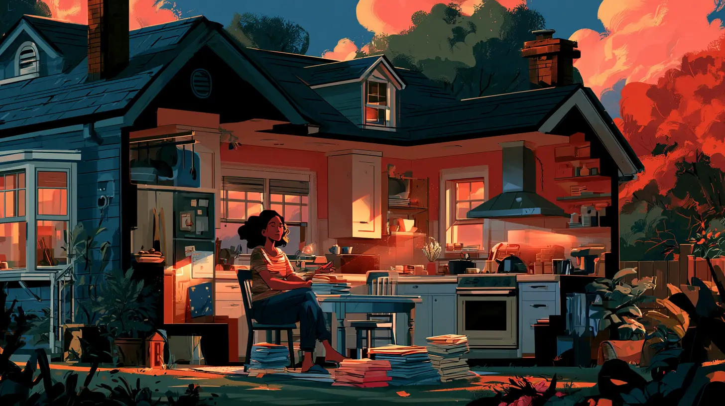 An illustration of a woman sitting at a kitchen table inside a cutaway view of a house surrounded by stacks of documents, highlighting 7 home equity facts homeowners must know before choosing a strategy in 2026.
