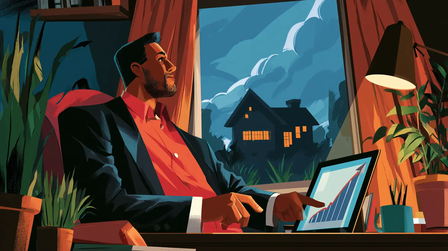 Real estate analyst pointing to a rising trend chart next to a window overlooking a suburban house, representing FHA mortgage default rates, distressed property sourcing, and credit risk analysis.