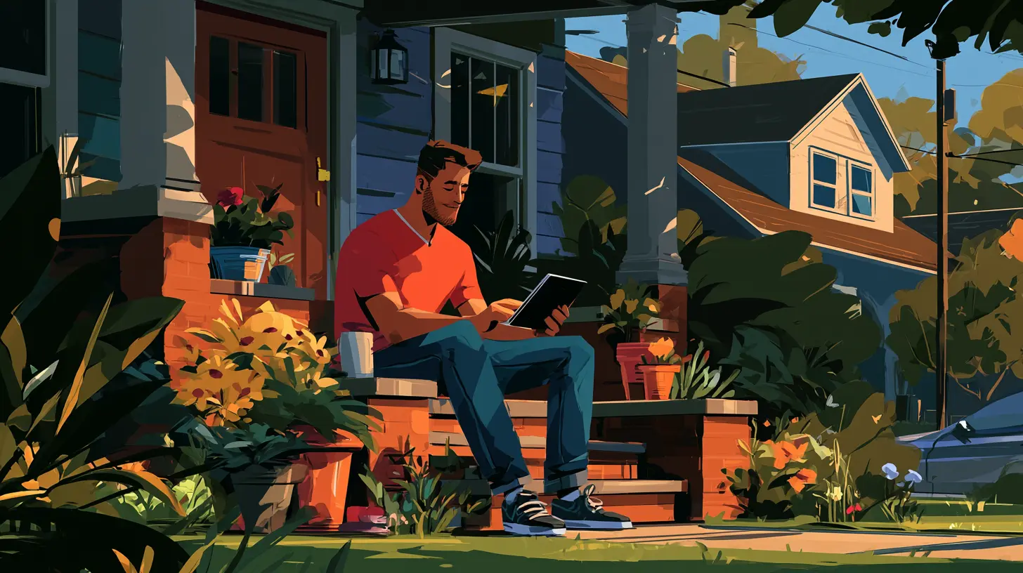 Homeowner reviewing financial resources on a tablet outside a suburban house, representing pre-foreclosure solutions, debt-free equity release options, and alternative home sale strategies.