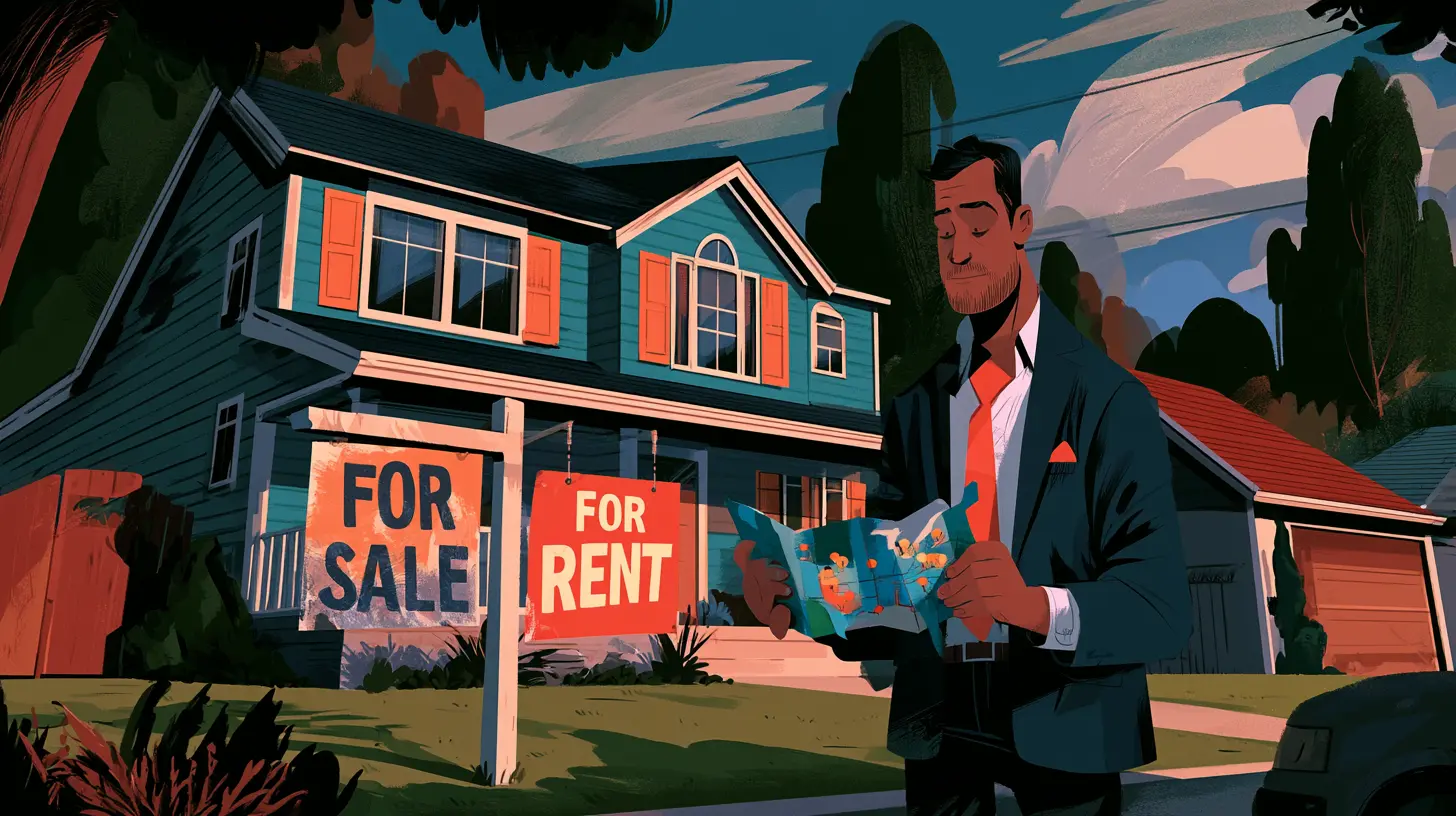 An illustration of a homeowner looking at a map in front of a suburban home with both For Sale and For Rent signs, explaining what the surge in accidental landlords means for real estate sourcing strategies in 2026.