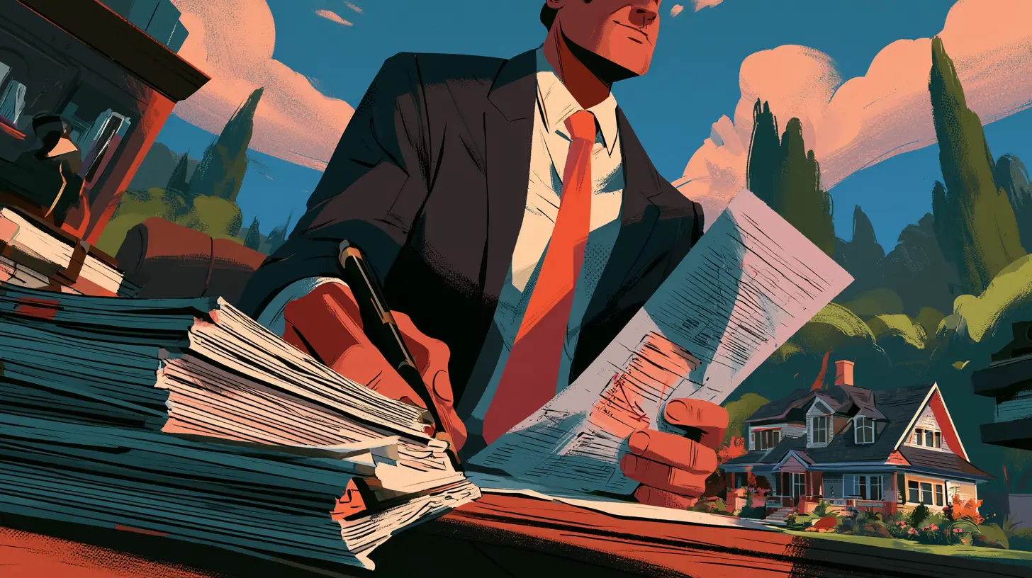 Real estate buyer reviewing contract assignment paperwork and fee schedules near a single-family house, representing off-market deal acquisition costs, wholesale fee margins, and cash flow return calculations.