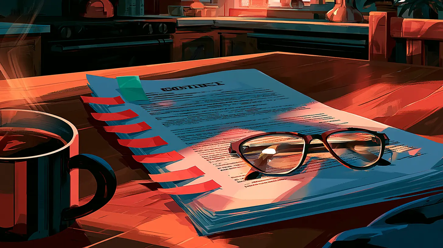 n illustration of a legal contract with red flag sticky tabs and reading glasses on a table, highlighting 8 warning signs a home equity service could lead to displacement in 2026.