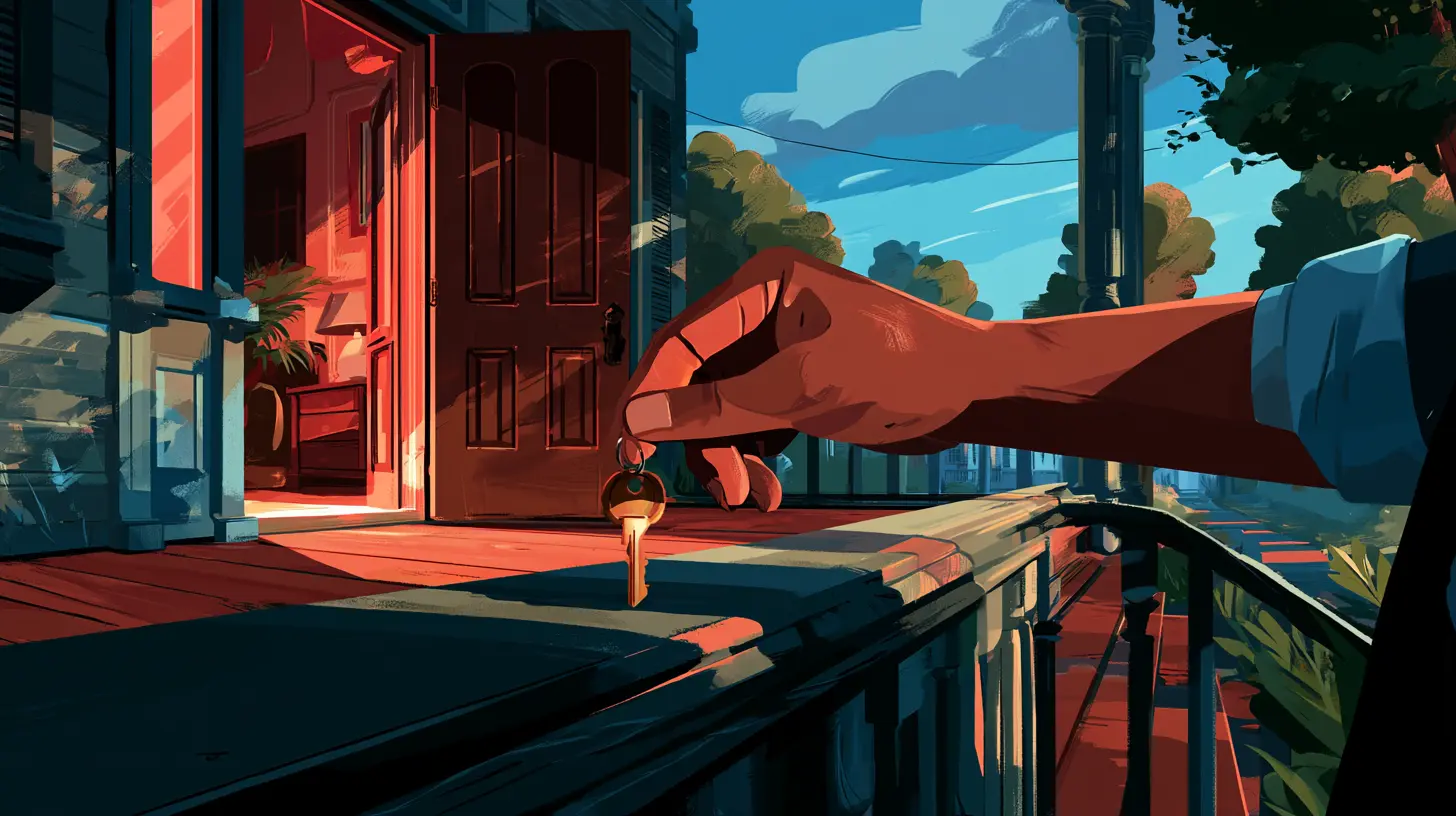 a person's hand picking up house keys on a porch in front of an open doorway, showing how homeowners can use a sale-leaseback to avoid foreclosure in 2026.