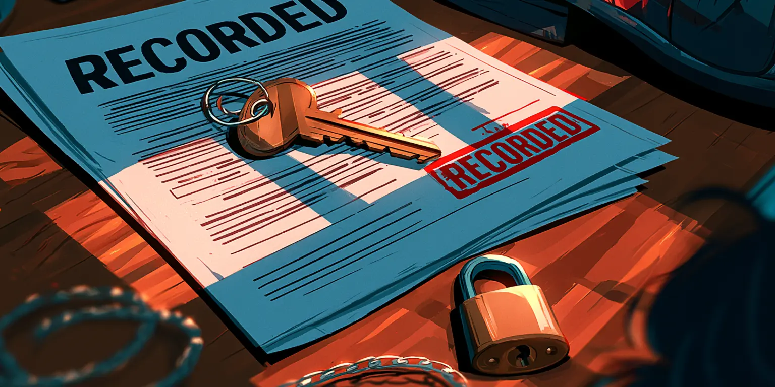 An illustration of a recorded property deed with a red "RECORDED" stamp, brass key, and padlock on a desk, explaining the legal difference between a sale-leaseback transaction and a traditional loan.
