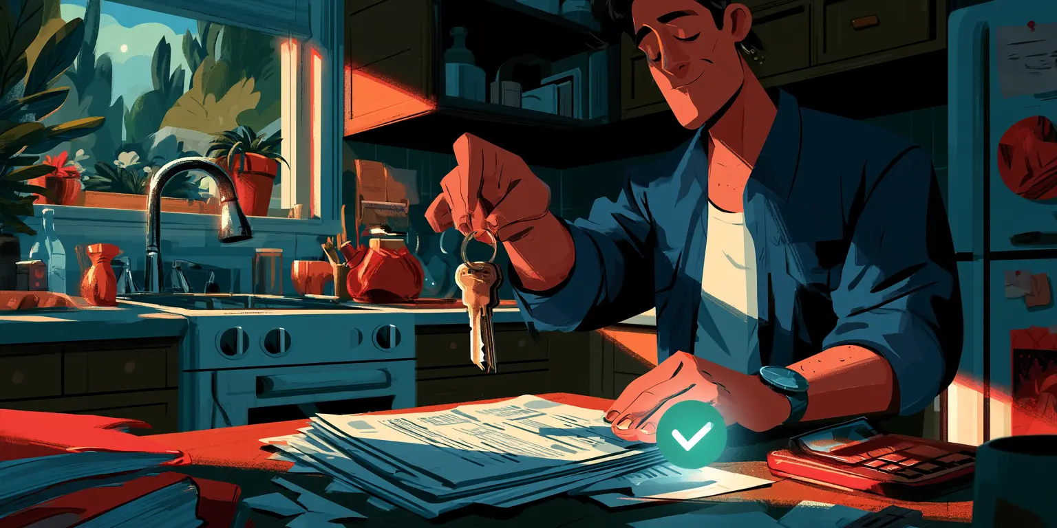 An illustration of a man sitting in his kitchen holding house keys above a stack of approved documents with a green checkmark, outlining sale-leaseback program requirements for U.S. homeowners in 2026.