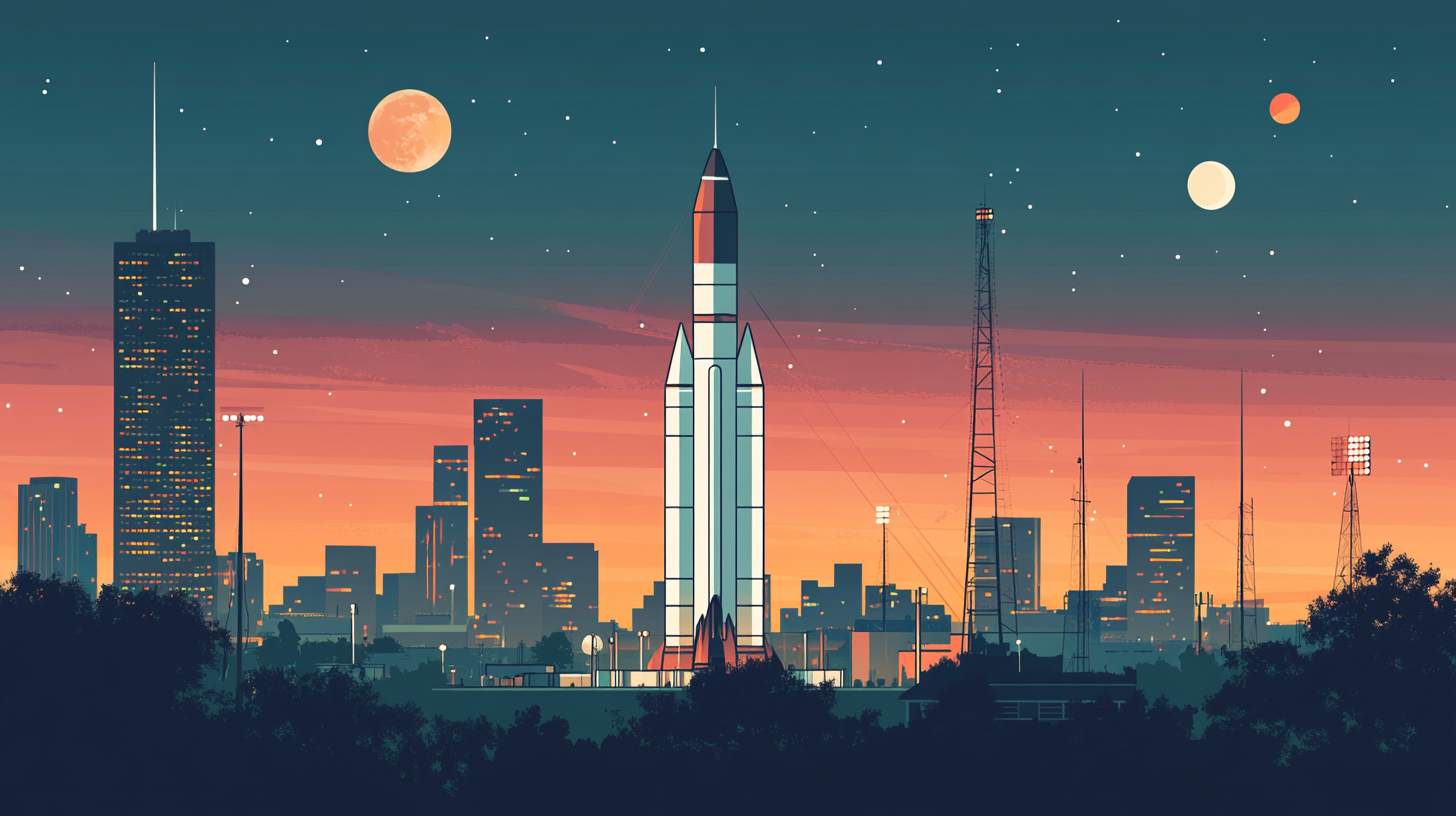 Illustration of a rocket rising in front of the Houston, Texas, skyline at dusk, representing a key US market for homeowners to sell their house and access home equity