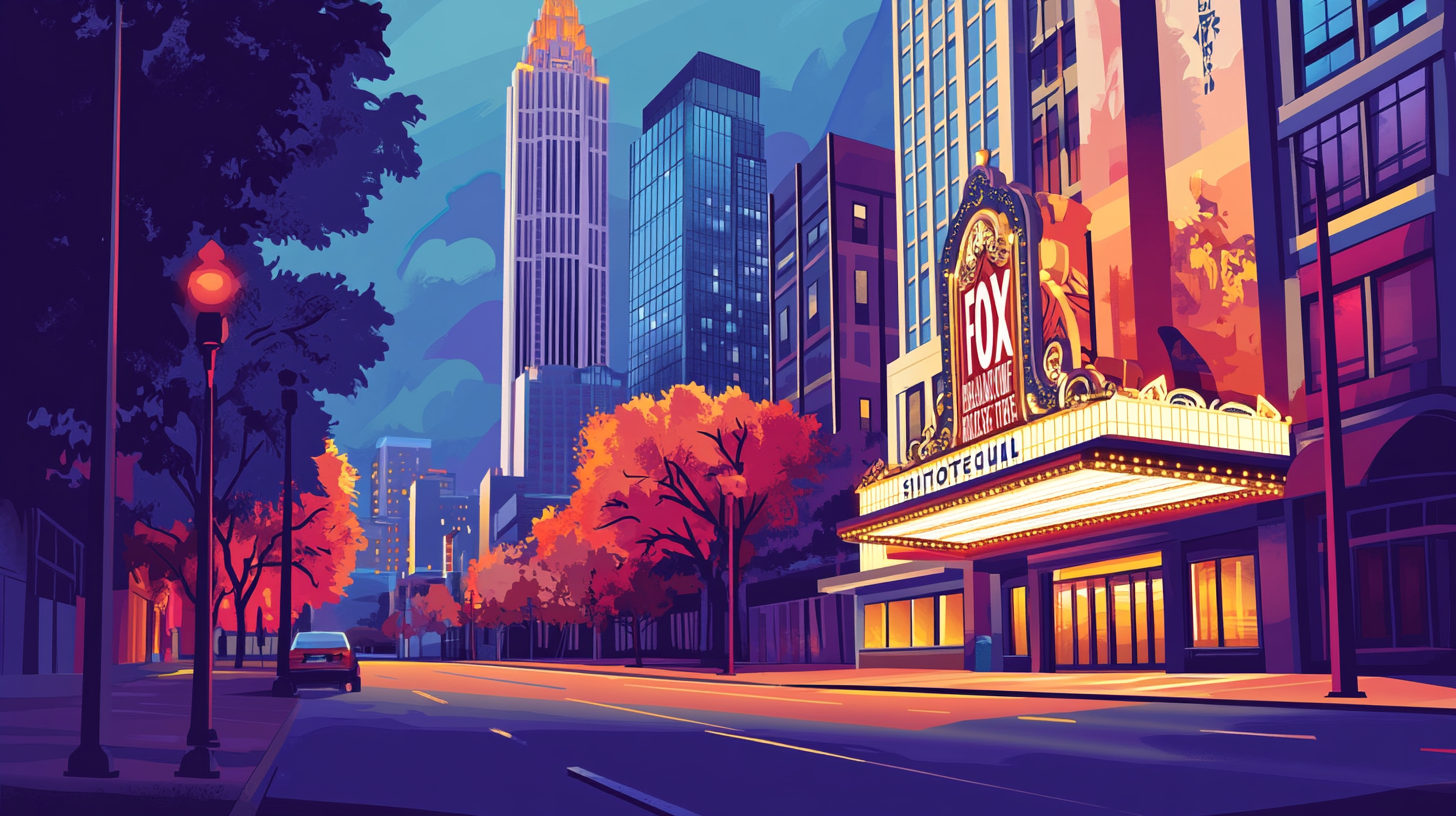 Illustration of a lit theater marquee on an Atlanta, Georgia, street at dusk, representing a key US market for homeowners to sell their house and access home equity