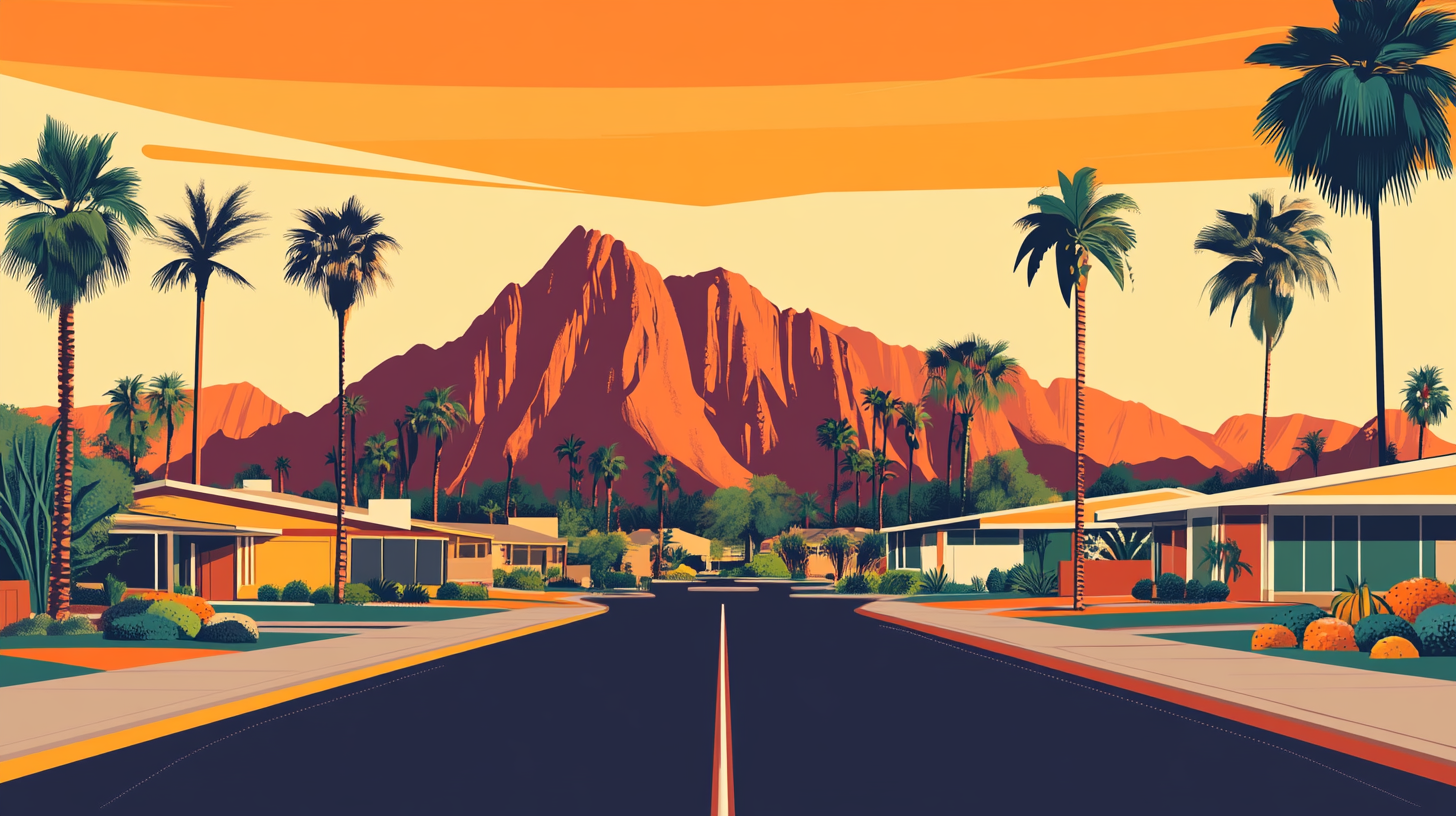 Illustration of a desert mountain framed by palm trees in a Phoenix, Arizona, neighborhood, representing a key US market for homeowners to sell their house and access home equity