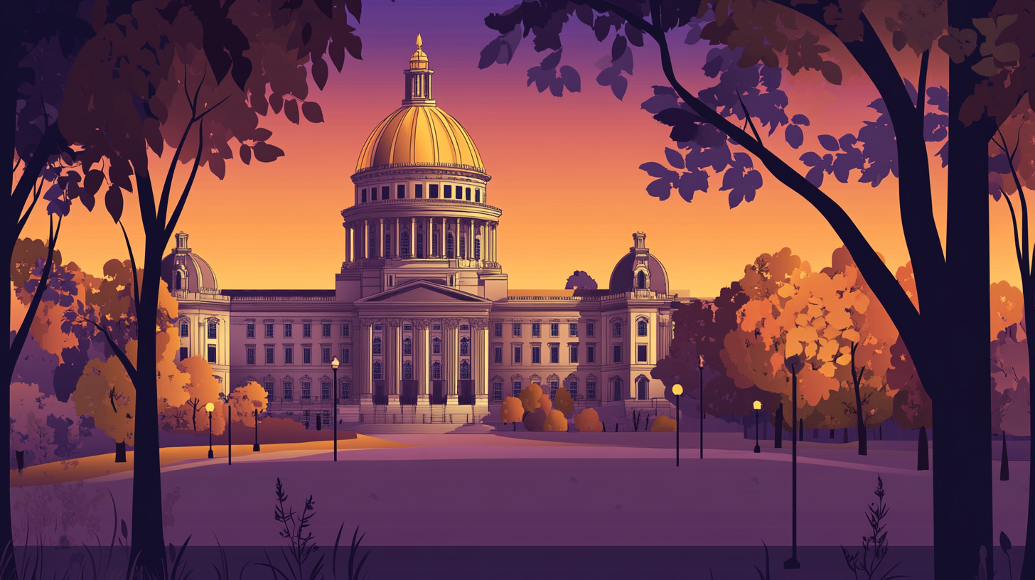 Illustration of the domed Connecticut State Capitol in Hartford at night, representing a key US market for homeowners to sell their house and access home equity