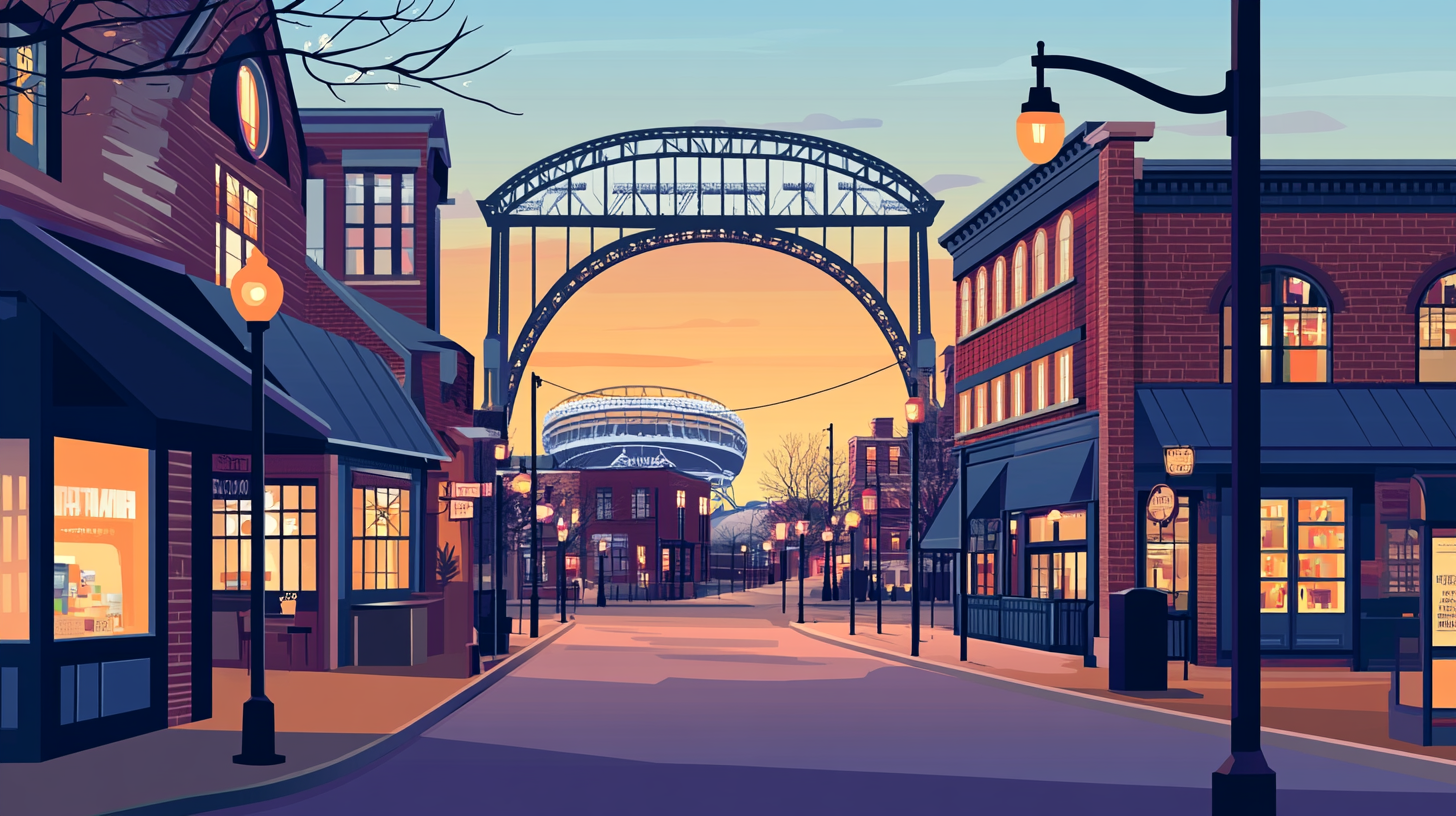 Illustration of a bridge leading into downtown Columbus, Ohio, at dusk, representing a key US market for homeowners to sell their house and access home equity