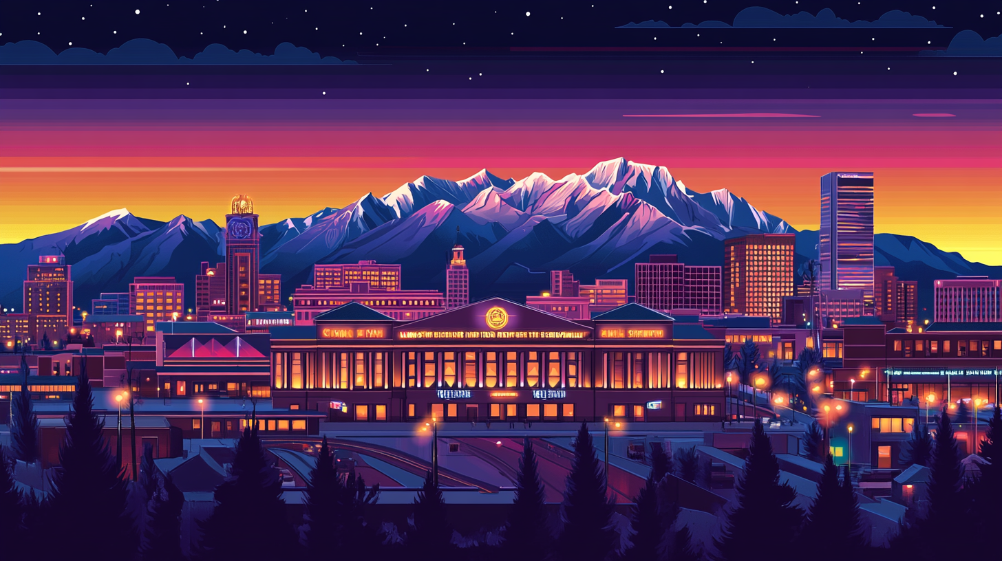 Illustration of the Denver, Colorado, skyline at night with snow-capped mountains in the background, representing a key US market for homeowners to sell their house and access home equity
