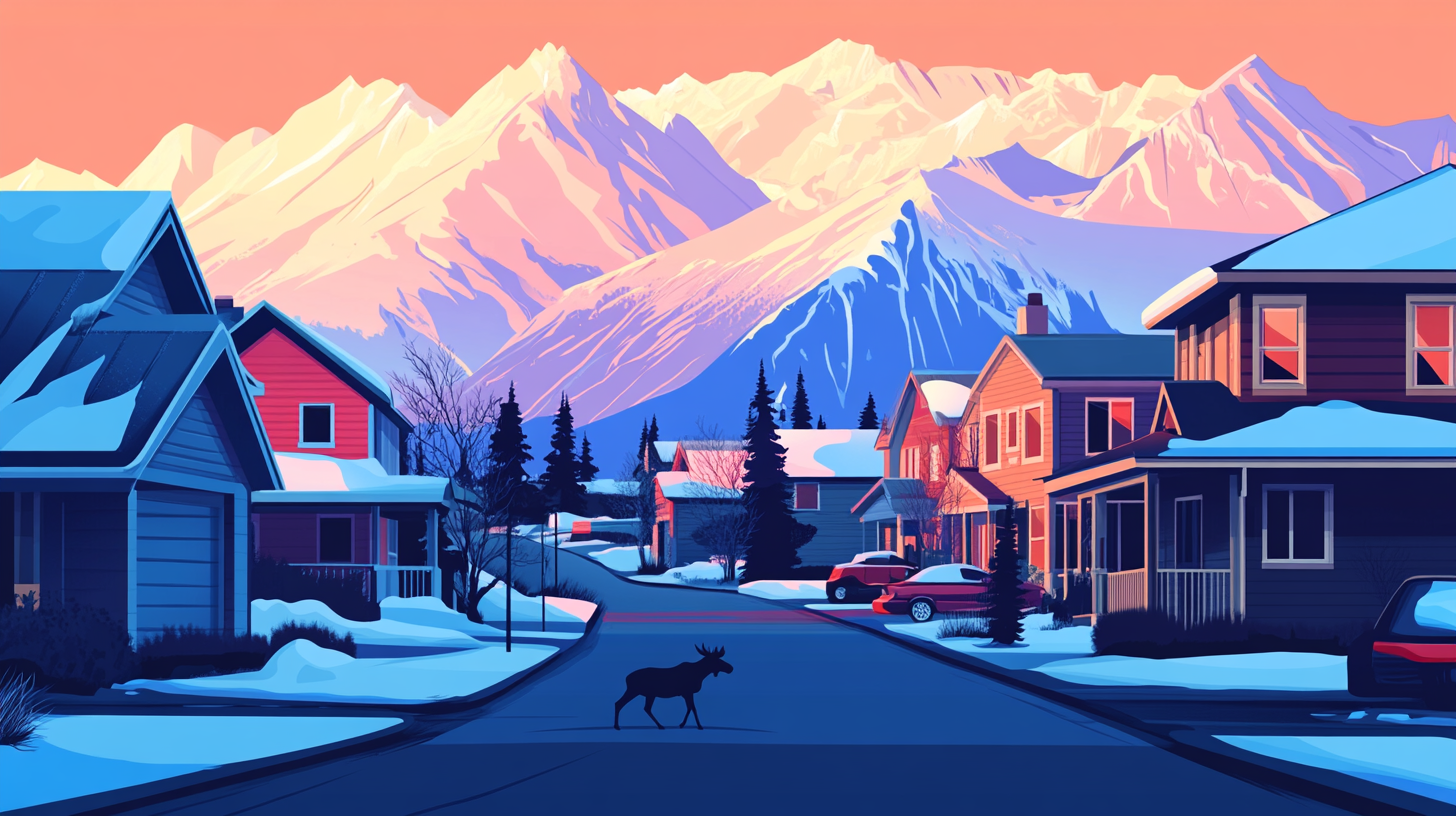 Illustration of a snow-covered Anchorage, Alaska, neighborhood with a moose crossing the street and mountains behind, representing a key US market for homeowners to sell their house and access home equity