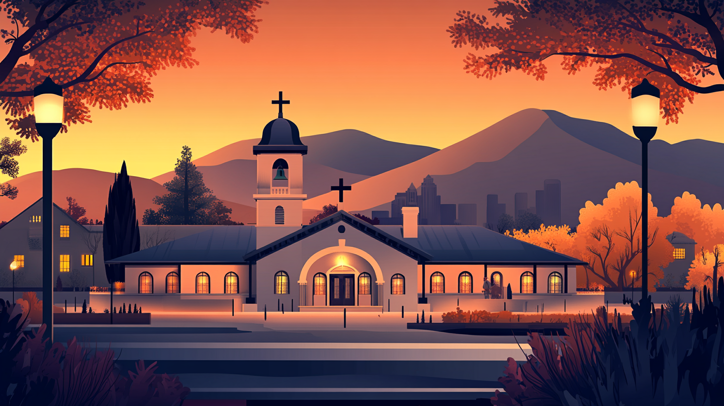 Illustration of a domed building with mountains behind it near Boise, Idaho, at dusk, representing a key US market for homeowners to sell their house and access home equity