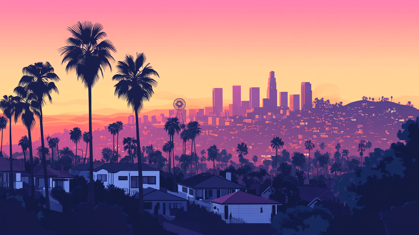 Illustration of the Los Angeles, California, skyline framed by palm trees at sunset, representing a key, high-value US market for homeowners to sell their house and access home equity